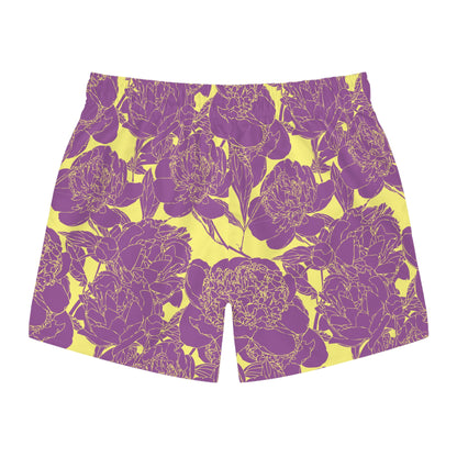 A pair of Men's trunks featuring a bold purple floral line art pattern on a bright yellow background, shown flat against a white backdrop.