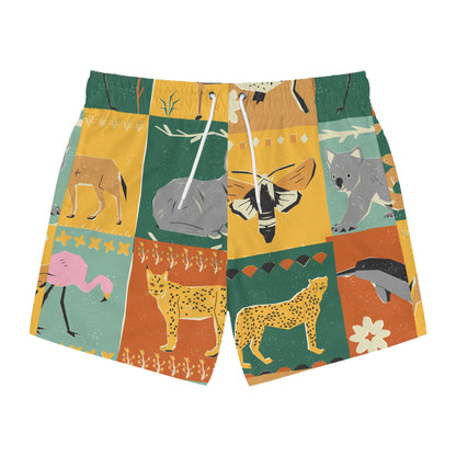 A pair of men's swimwear featuring a colorful patchwork design with safari-themed animal illustrations, including a flamingo, cheetah, elephant, and dolphin, set against a plain white background.