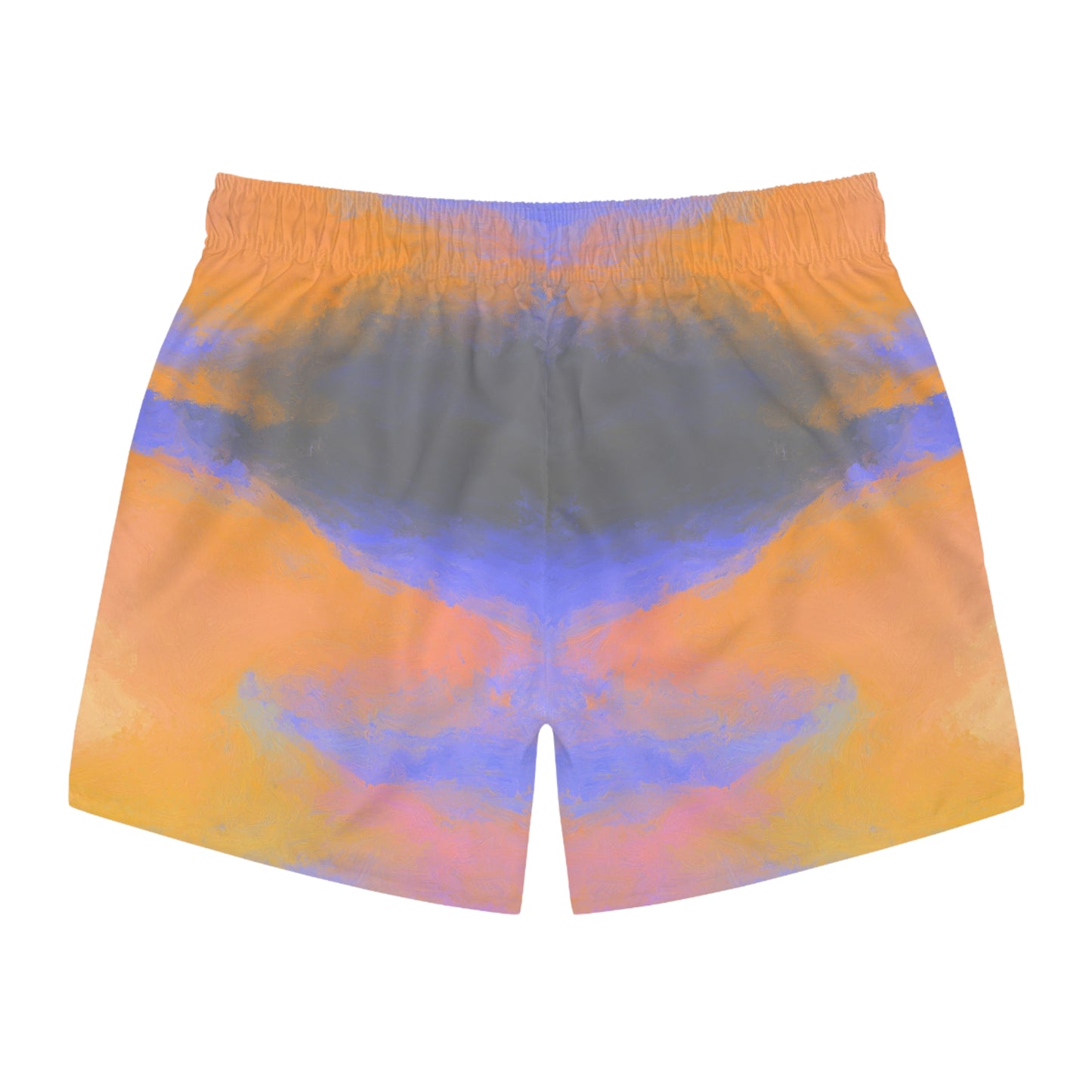 A pair of swimwear trunks shorts featuring an abstract watercolor-like pattern in orange, purple, and gray, displayed against a solid white background.