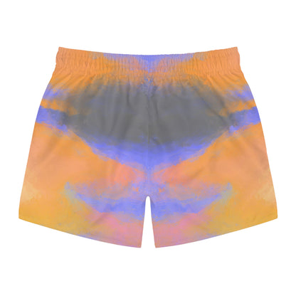 A pair of swimwear trunks shorts featuring an abstract watercolor-like pattern in orange, purple, and gray, displayed against a solid white background.