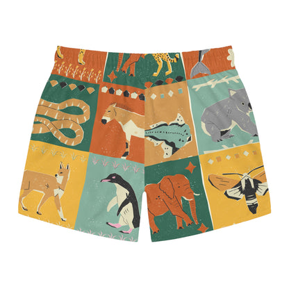 A pair of men's shorts featuring a colorful patchwork print of various cartoon animals, including a giraffe, snake, penguin, elephant, and bee, set against a clean white background.