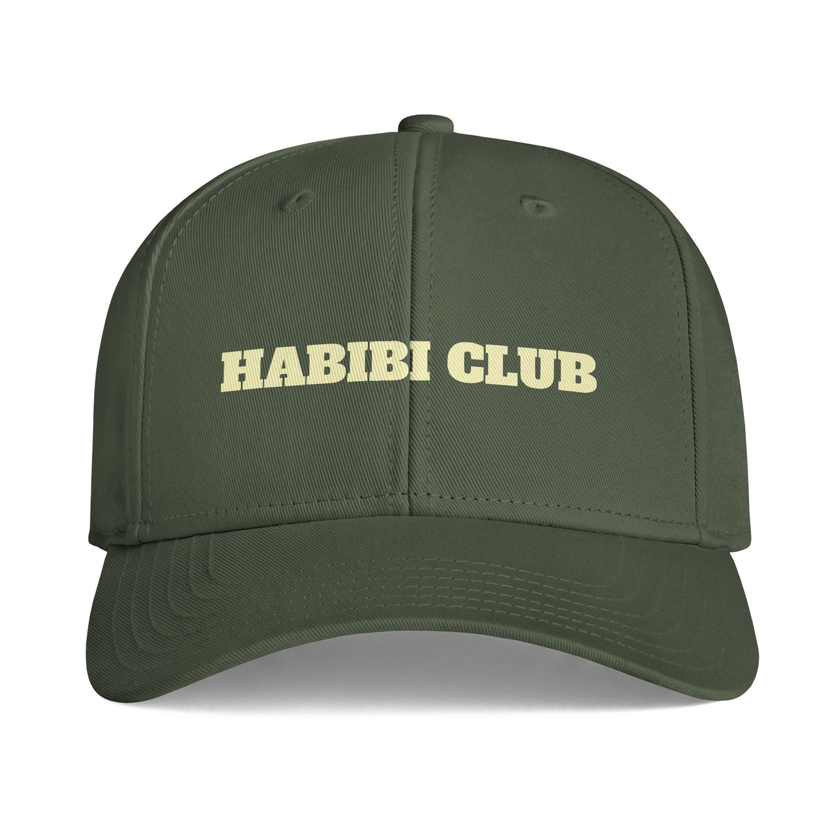 An olive green baseball cap with 'HABIBI CLUB' embroidered in light beige block letters across the front, shown against a plain white background.