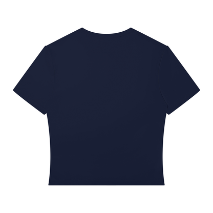 A dark navy blue short-sleeve crop top shown from the back, isolated on a solid white background.