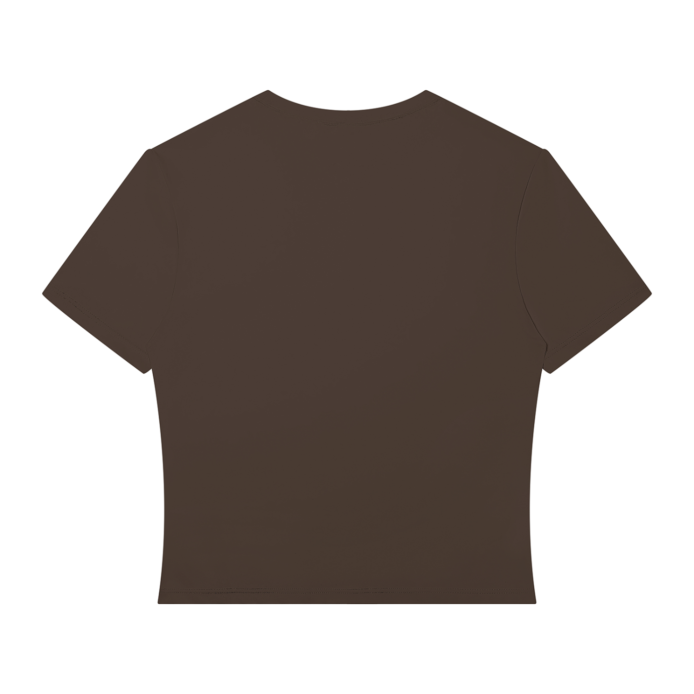 A dark brown short-sleeve crop top t-shirt shown from the back, isolated on a solid white background.