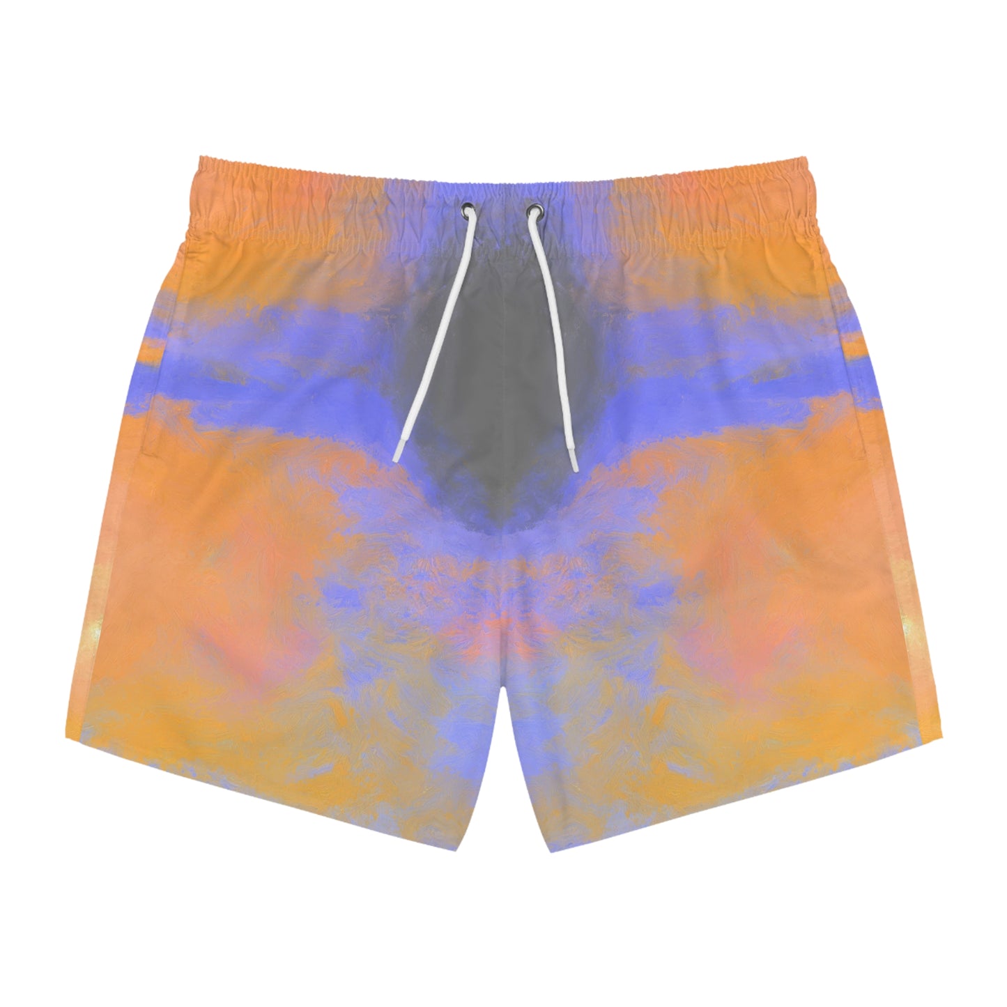 A pair of men's swimming shorts featuring an abstract watercolor-like pattern in orange, purple, and blue, with a dark gray center panel and white drawstrings.