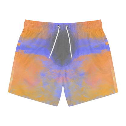 A pair of men's swimming shorts featuring an abstract watercolor-like pattern in orange, purple, and blue, with a dark gray center panel and white drawstrings.