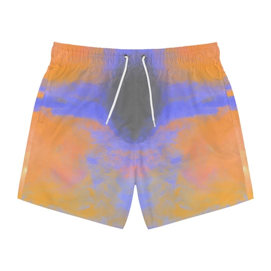 A pair of men's swimming shorts featuring an abstract watercolor-like pattern in orange, purple, and blue, with a dark gray center panel and white drawstrings.