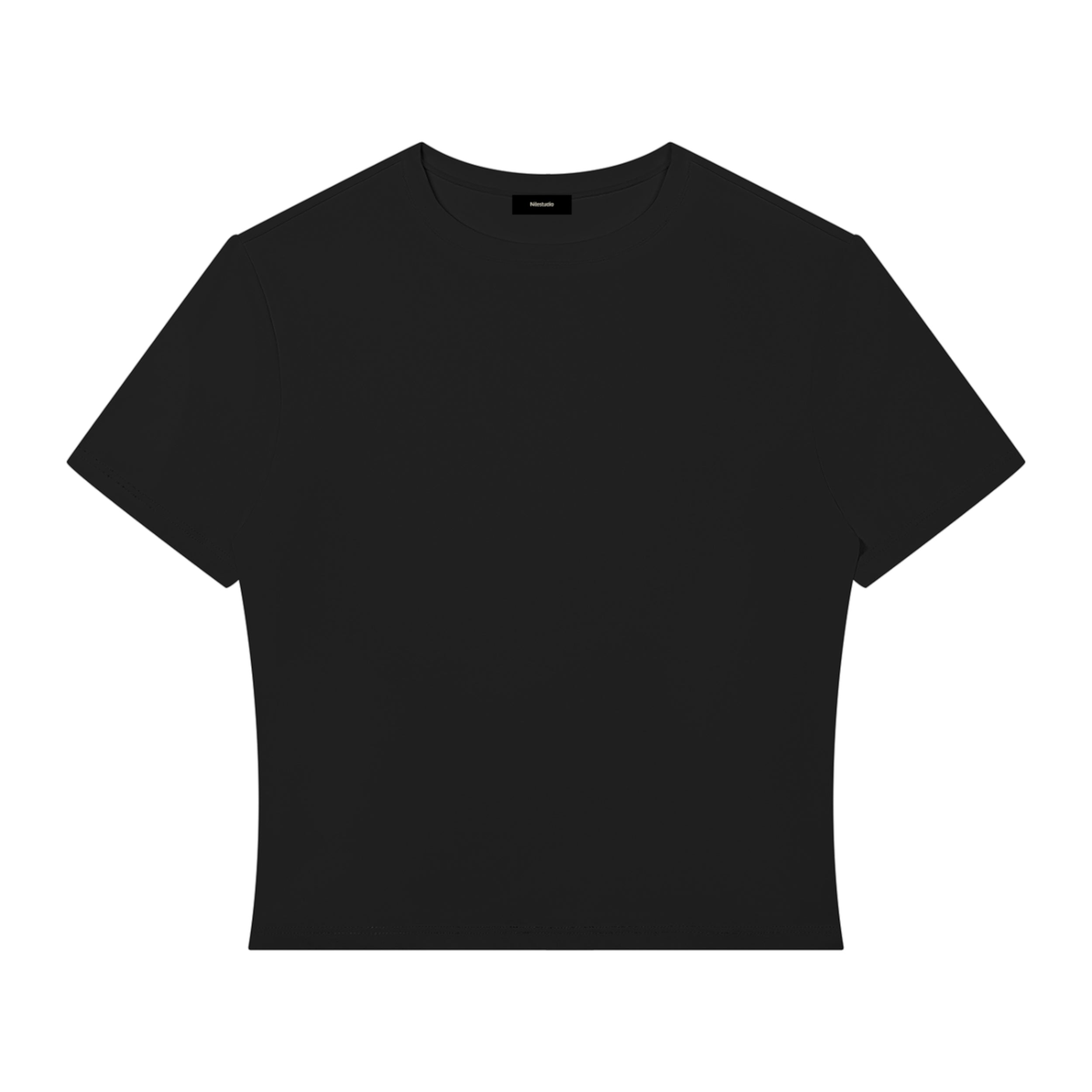 A black crop top short-sleeve crewneck t-shirt displayed flat against a solid white background.