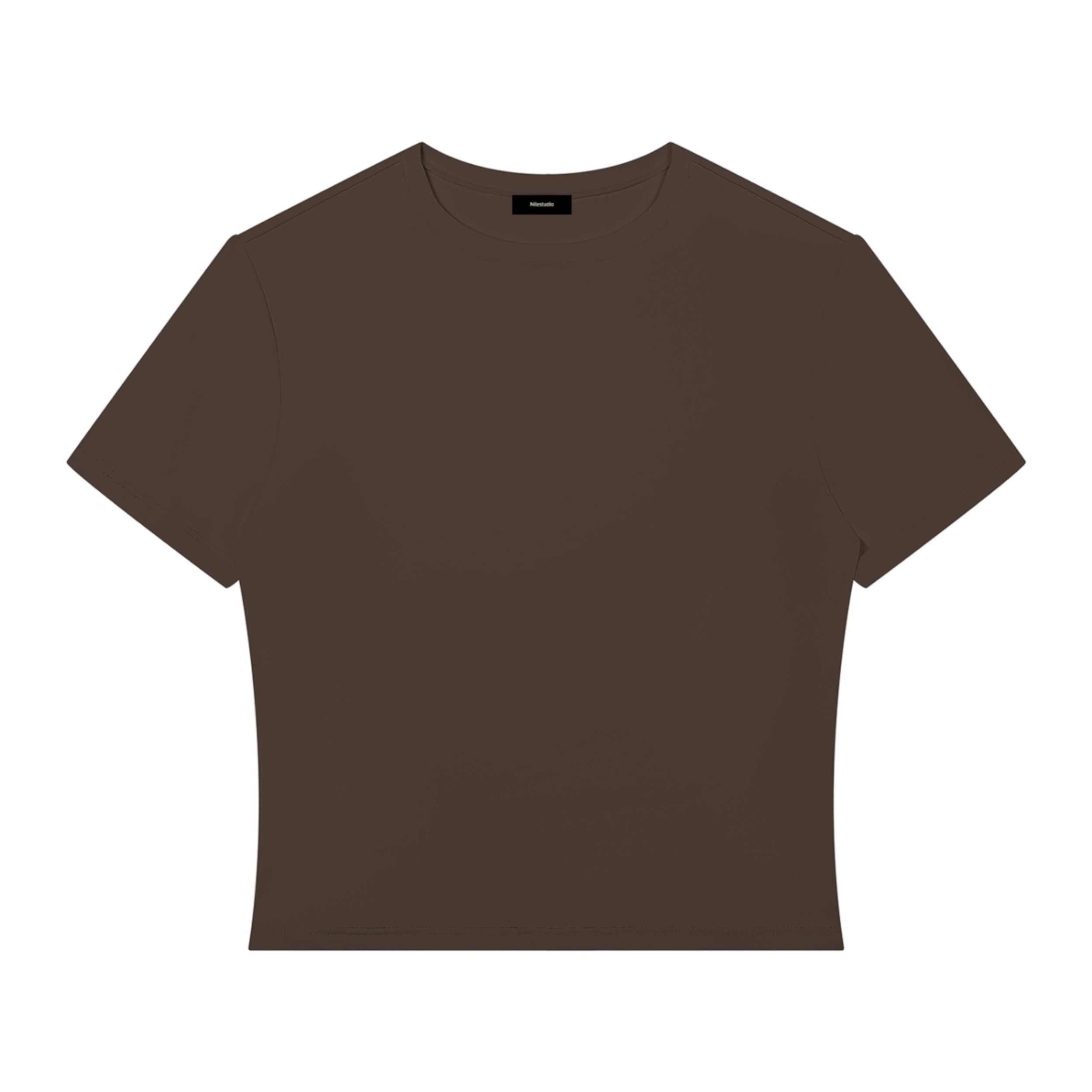 A dark brown short-sleeve crewneck crop top t-shirt displayed flat against a solid white background.