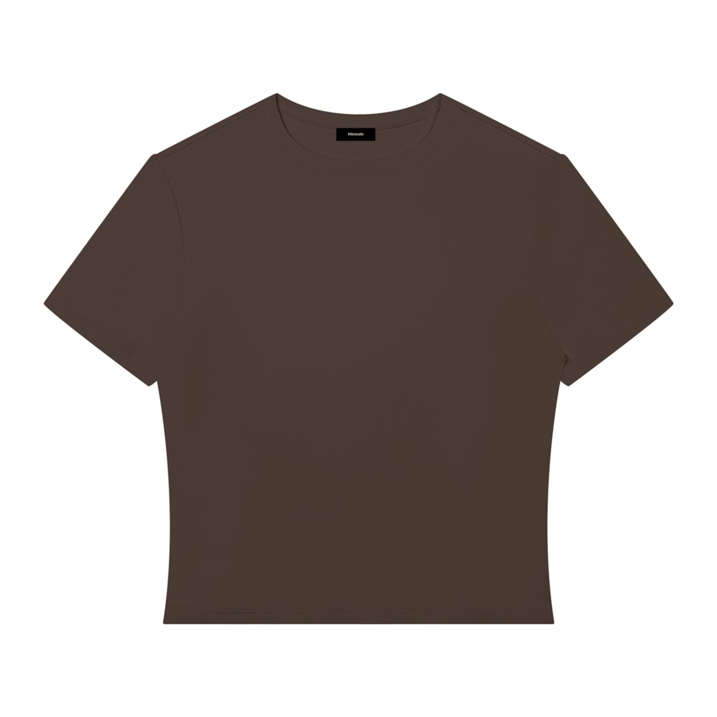 A dark brown short-sleeve crewneck crop top t-shirt displayed flat against a solid white background.