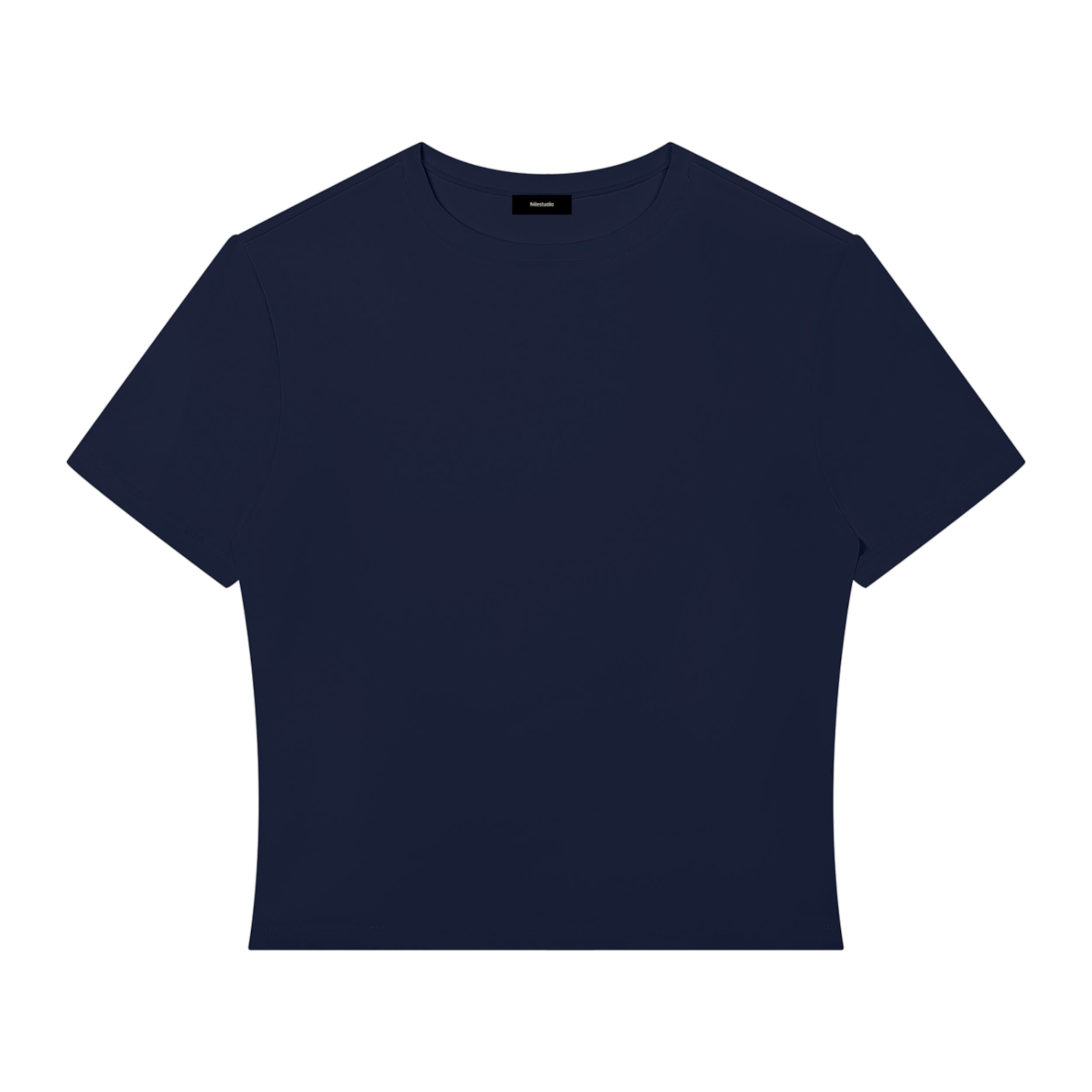 A dark navy blue crop top short-sleeve crewneck t-shirt displayed flat against a solid white background.