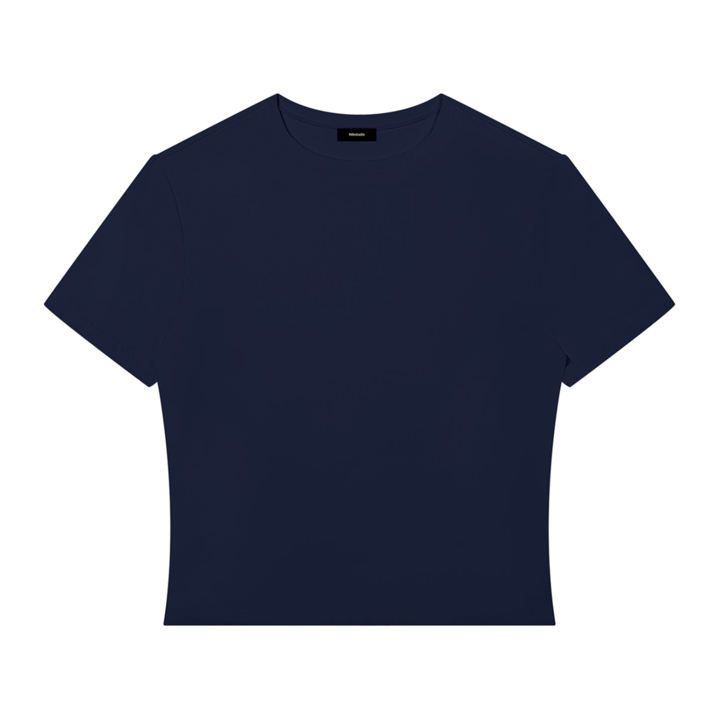 A dark navy blue crop top short-sleeve crewneck t-shirt displayed flat against a solid white background.