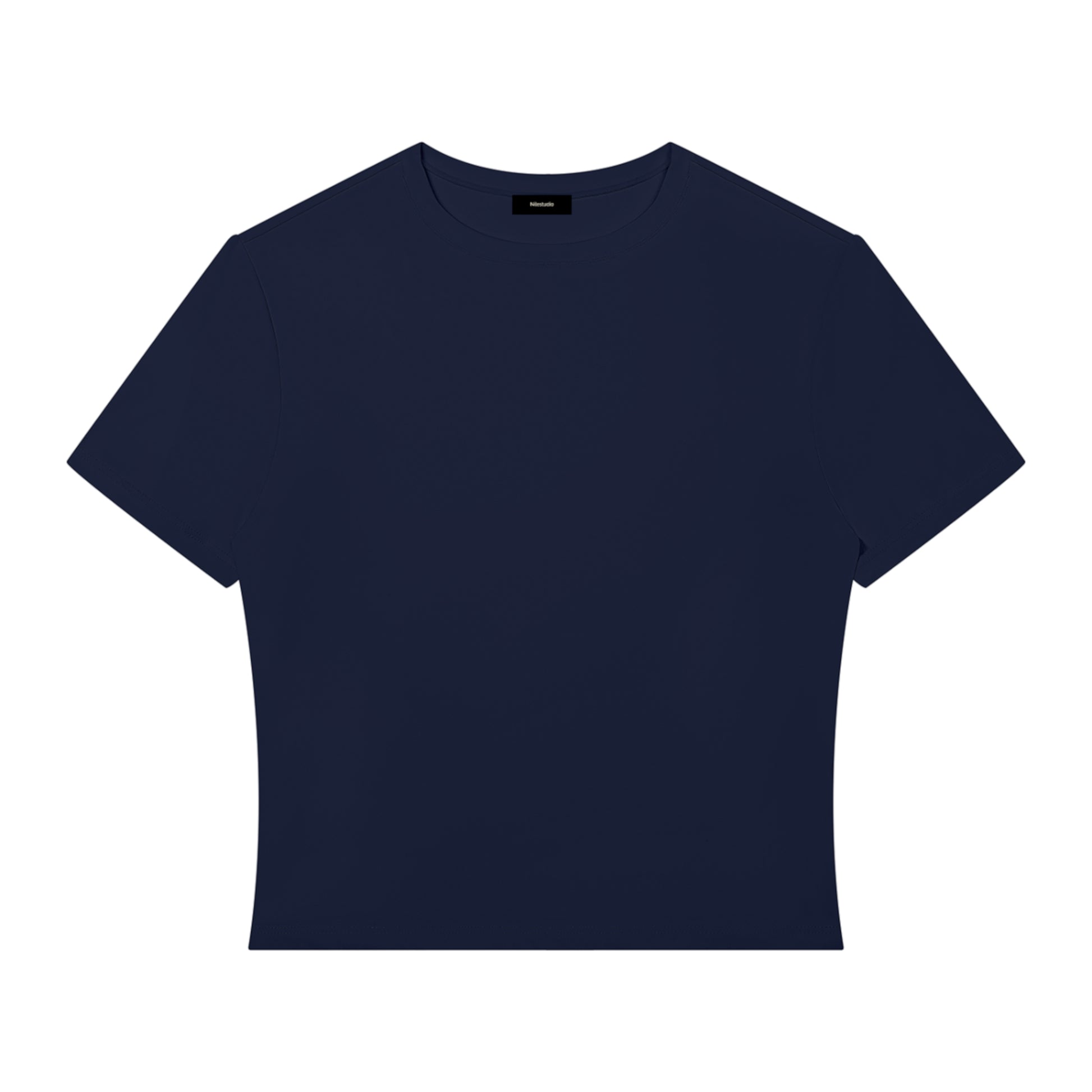 A dark navy blue crop top short-sleeve crewneck t-shirt displayed flat against a solid white background.