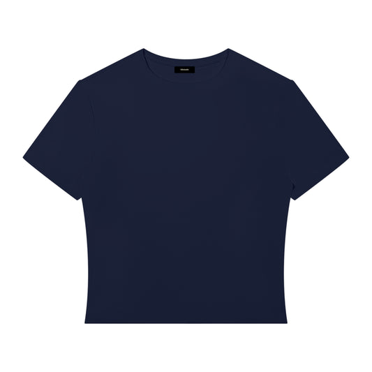 A dark navy blue crop top short-sleeve crewneck t-shirt displayed flat against a solid white background.