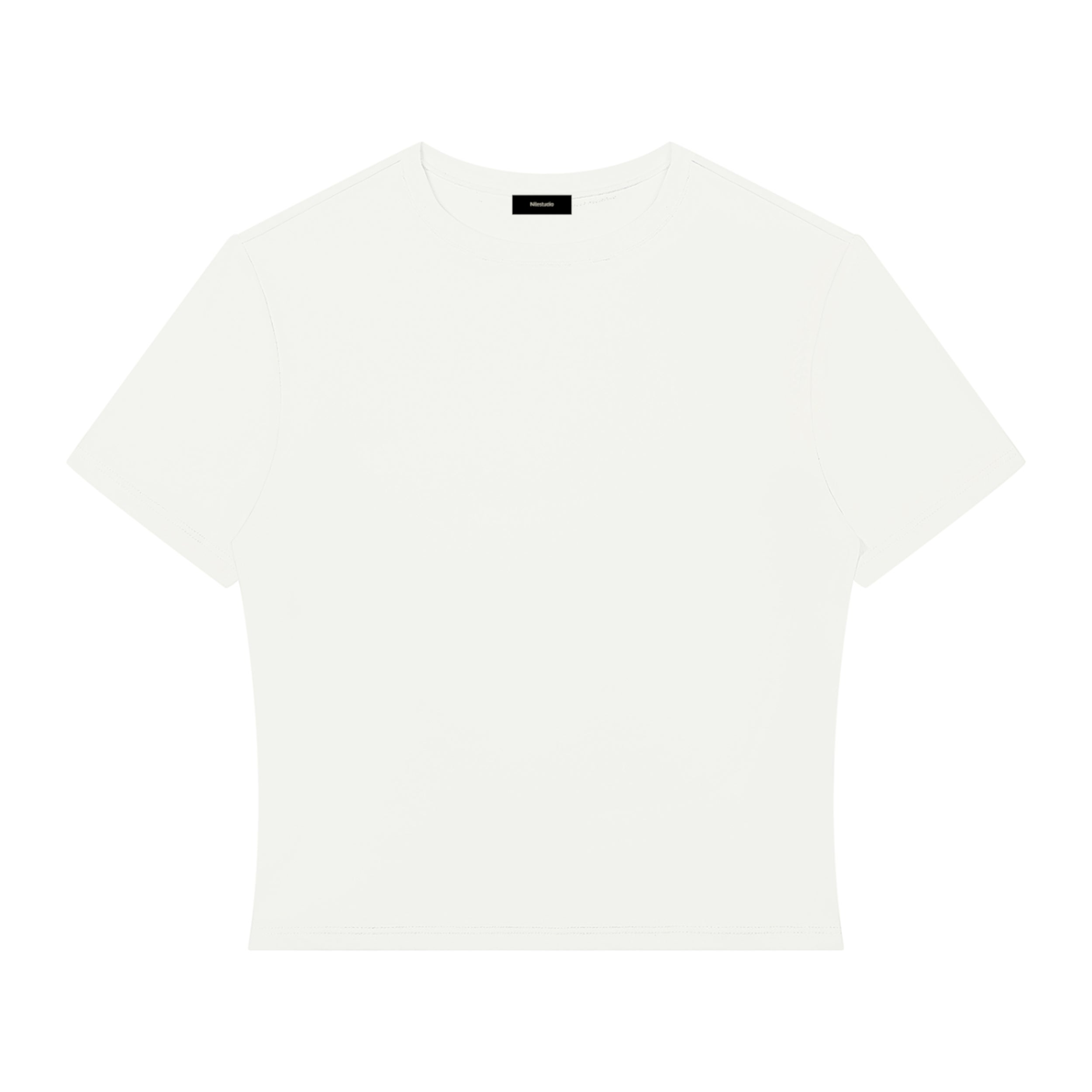 A white crop top short-sleeve crewneck t-shirt displayed flat against a solid white background.