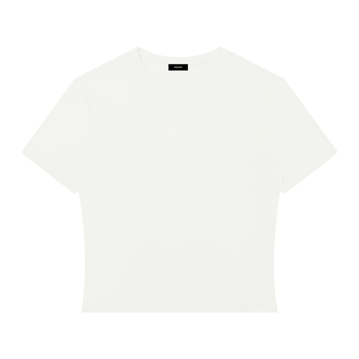 A white crop top short-sleeve crewneck t-shirt displayed flat against a solid white background.