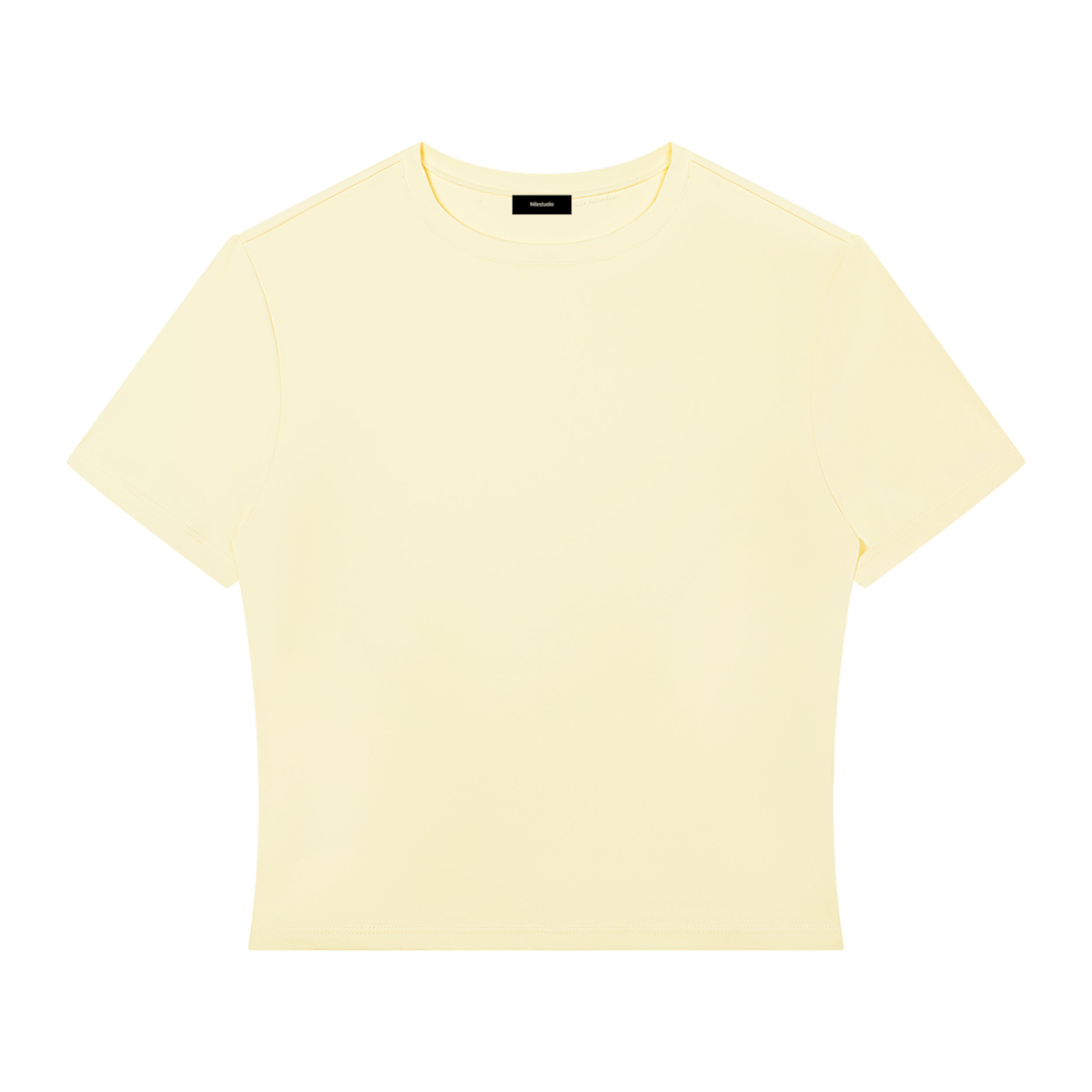 A pale pastel yellow short-sleeve crewneck t-shirt laid flat against a solid white background.