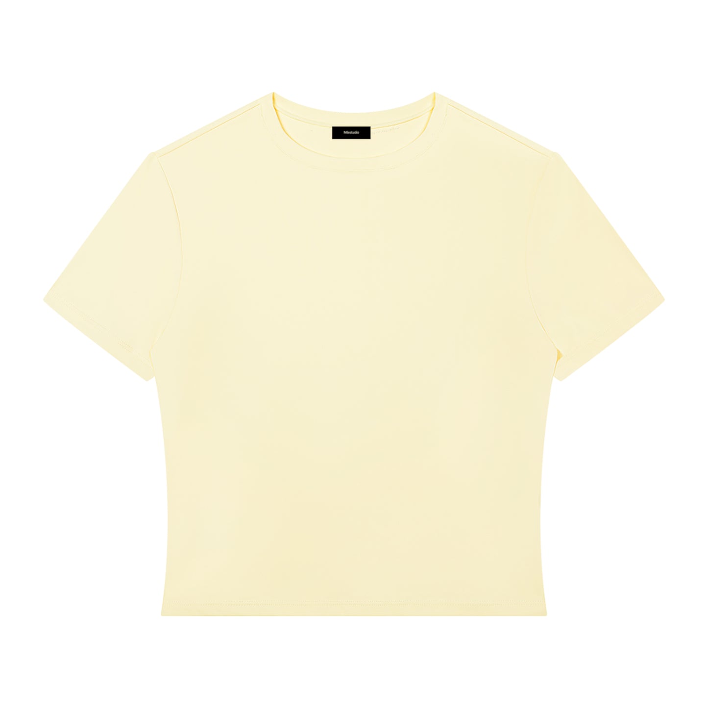 A pale pastel yellow short-sleeve crewneck t-shirt laid flat against a solid white background.