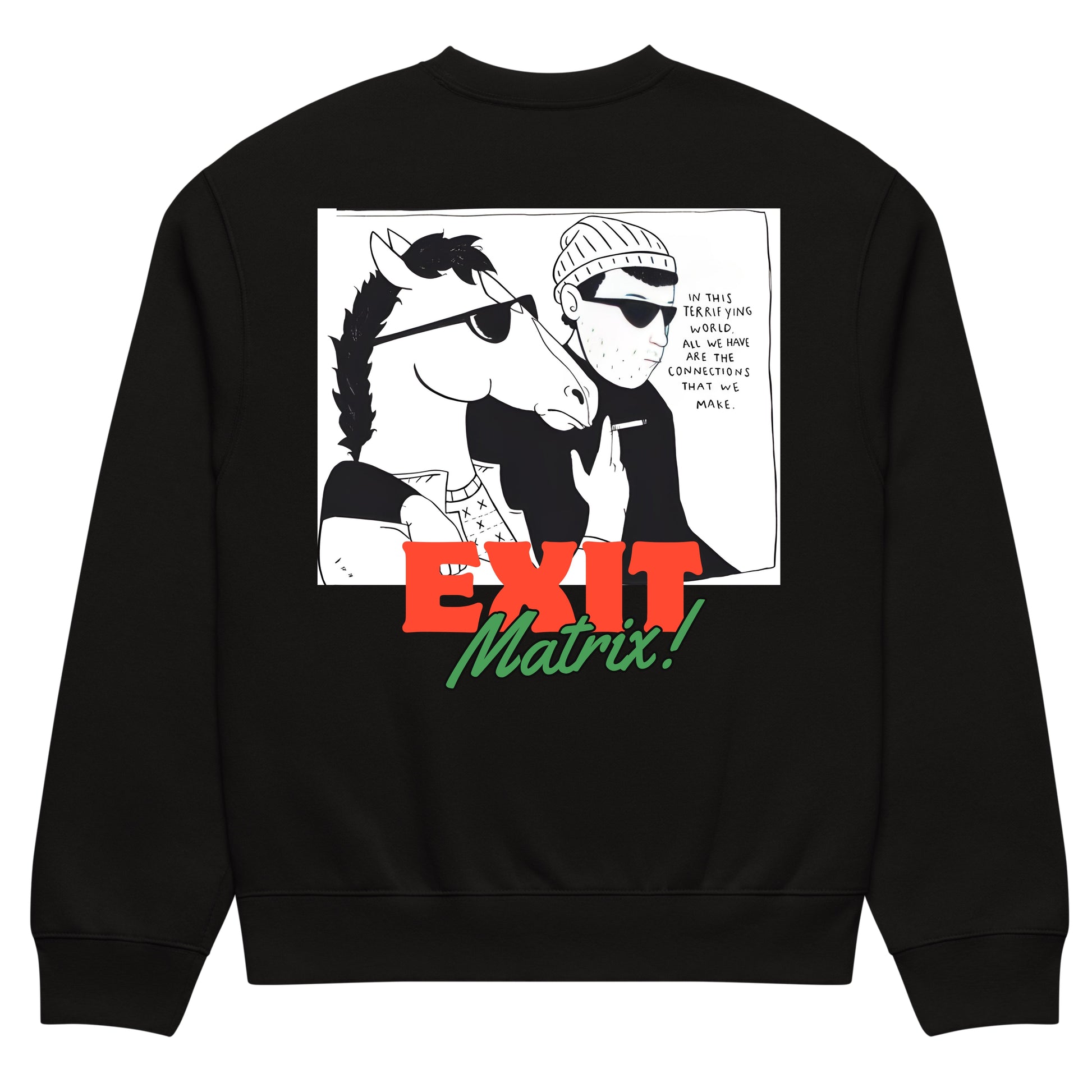 Black cotton crewneck sweatshirt with Bojack horseman artwork by Haram Prints – Egypt winter collection  