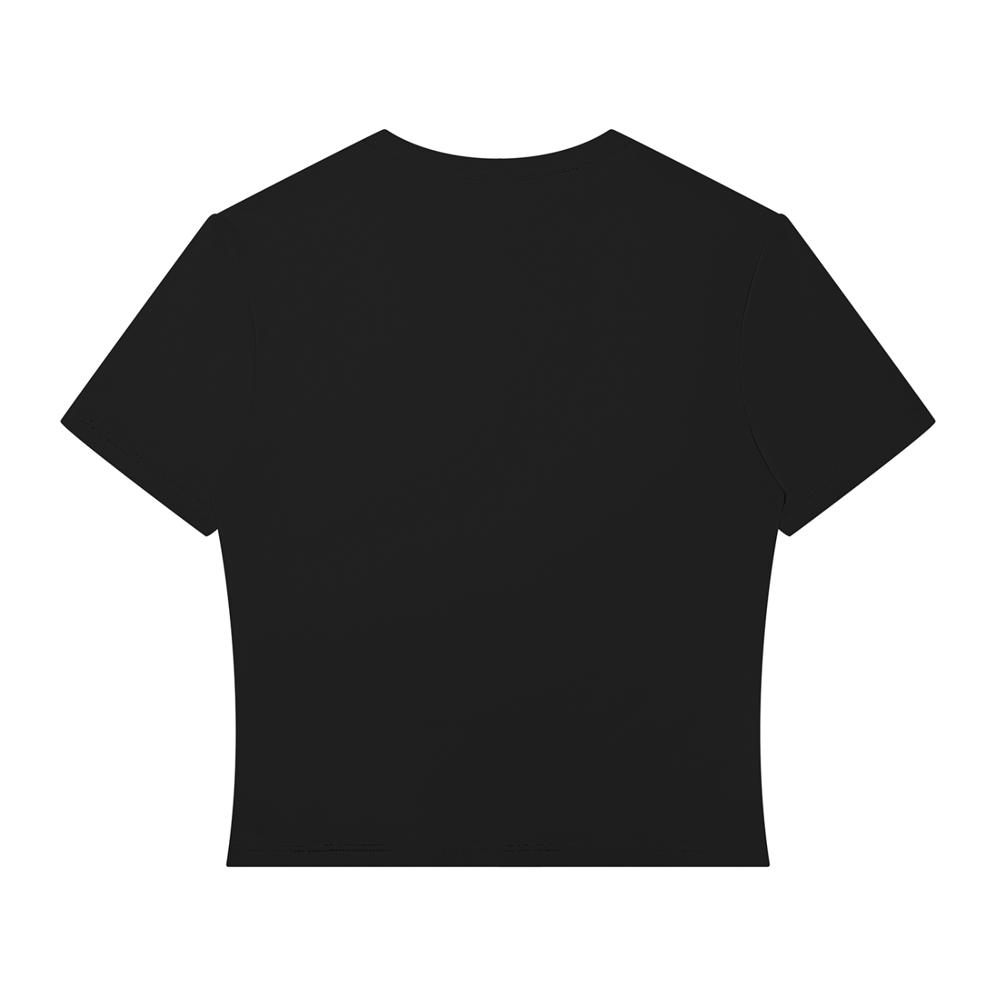 A black short-sleeve crop top t-shirt shown from the back.