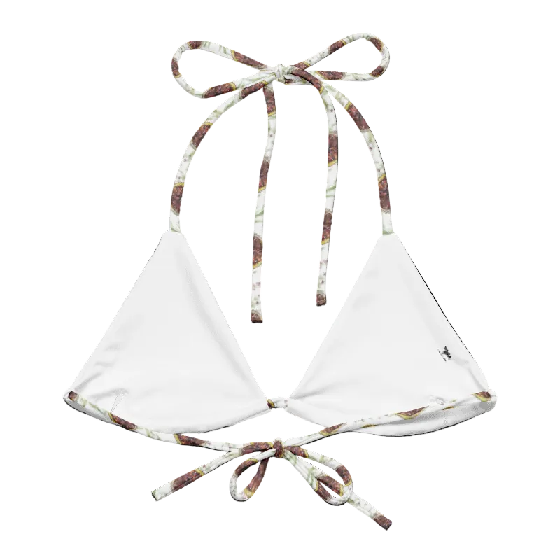White triangle bikini top with tie-shoulder straps and a small black logo on the lower right cup, shown on a plain white background.