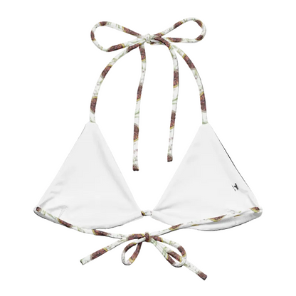White triangle bikini top with tie-shoulder straps and a small black logo on the lower right cup, shown on a plain white background.