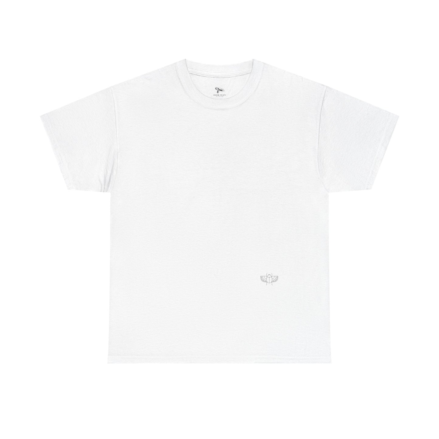 A white short-sleeve crewneck t-shirt with a small light black Scarab graphic on the lower right chest, displayed flat against a solid white background.